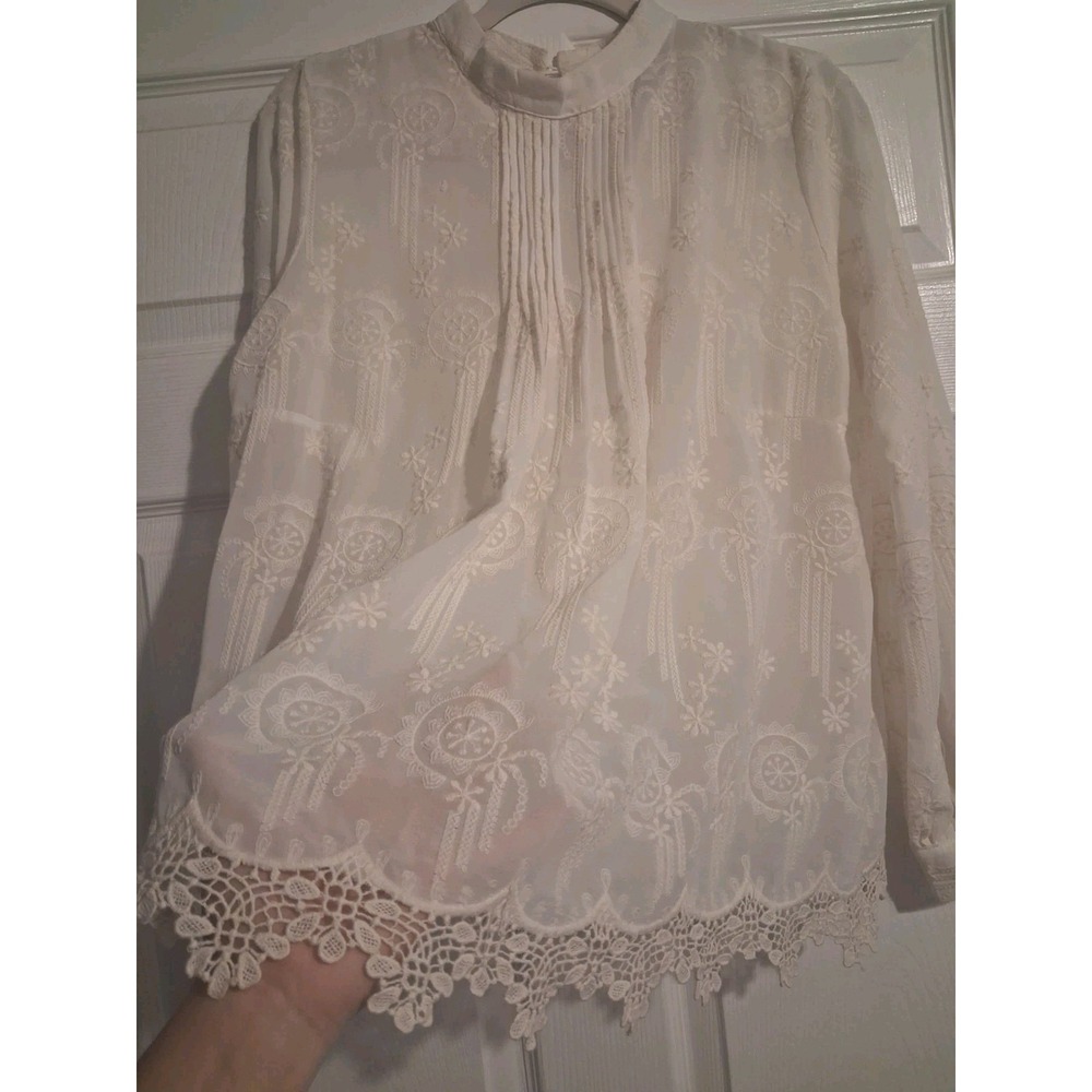 Ivory Embroidered Lace Blouse Cottagecore Boho Prairie Romantic Long Sleeve